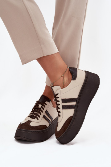 Peau Chaussures modèle baskets Féminin avec une plateforme Zazoo 3775 beige-CzekoladoÀe