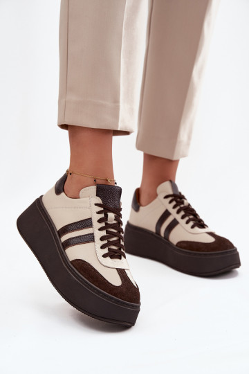 Leer Sneakers model schoenen Dames met platform Zazoo 3775 beige-CzekoladoIne 2