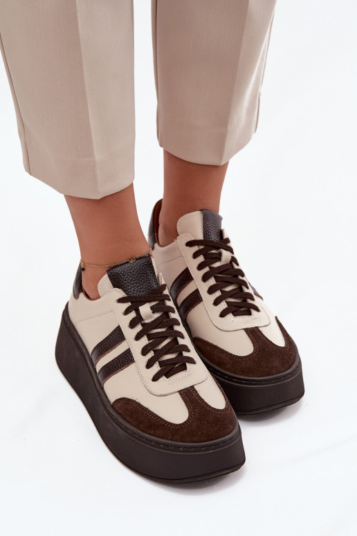 Leer Sneakers model schoenen Dames met platform Zazoo 3775 beige-CzekoladoIne