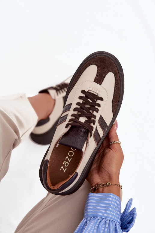 Leer Sneakers model schoenen Dames met platform Zazoo 3775 beige-CzekoladoIne