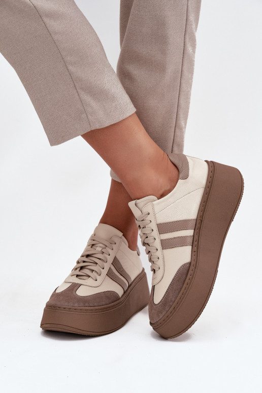 Leer Sneakers model schoenen Dames met platform Zazoo 3775 beige Leer Sneakers model schoenen Dames met platform Zazoo 3775 beige