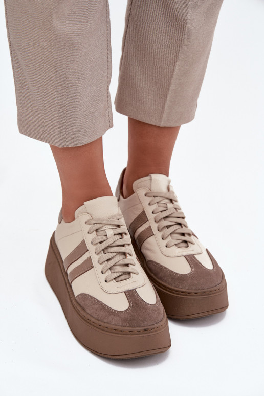 Leer Sneakers model schoenen Dames met platform Zazoo 3775 beige Leer Sneakers model schoenen Dames met platform Zazoo 3775 beige