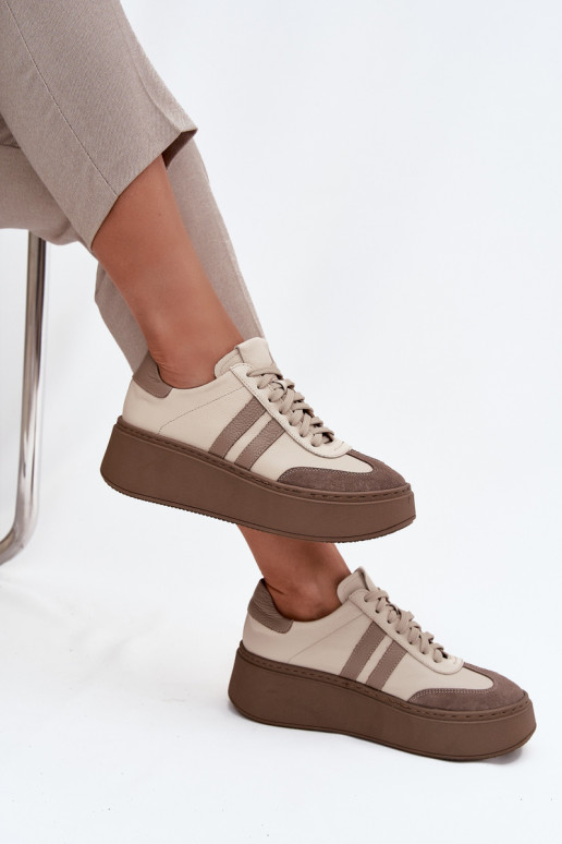 Leer Sneakers model schoenen Dames met platform Zazoo 3775 beige Leer Sneakers model schoenen Dames met platform Zazoo 3775 beige