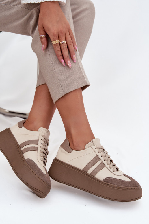 Leer Sneakers model schoenen Dames met platform Zazoo 3775 beige Leer Sneakers model schoenen Dames met platform Zazoo 3775 beige