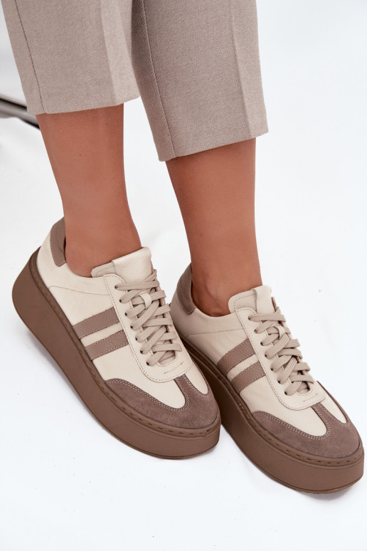 Leer Sneakers model schoenen Dames met platform Zazoo 3775 beige Leer Sneakers model schoenen Dames met platform Zazoo 3775 beige