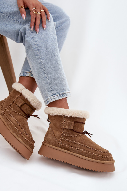 Bottes de neige en daim pour femmes avec coutures ornementales, Big Star SS274373, couleur marron Bottes de neige en daim pour femmes avec coutures ornementales, Big Star SS274373, couleur marron
