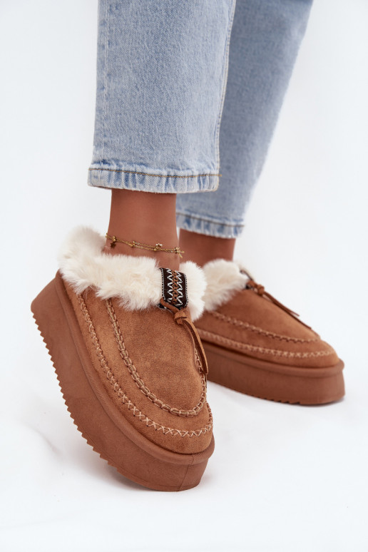 Dames sneeuwlaarzen met platform, bont en naden in bruin "Kellina" Dames sneeuwlaarzen met platform, bont en naden in bruin "Kellina"