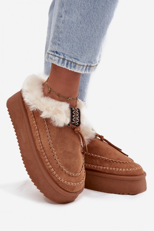 Dames sneeuwlaarzen met platform, bont en naden in bruin "Kellina" Dames sneeuwlaarzen met platform, bont en naden in bruin "Kellina"