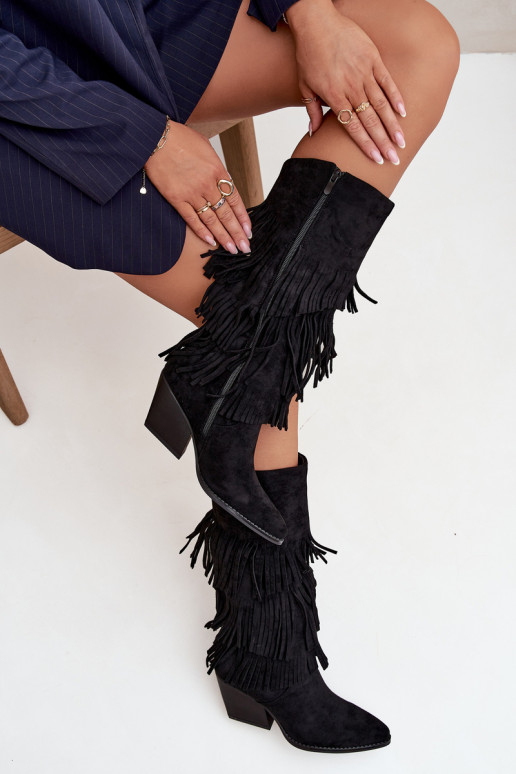 Bottes longues noires en style cowboy avec des franges, Brivina Bottes longues noires en style cowboy avec des franges, Brivina