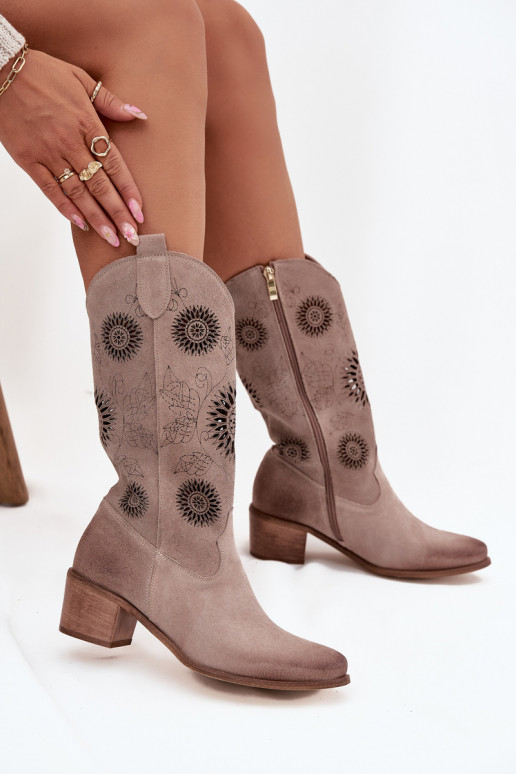 en daim Peau bottes pour femmes avec des éléments ajourés Zazoo 3852 couleur cappuccino