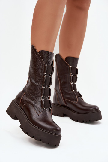 Dames leren enkellaarsjes met platform Zazoo 3795 chocoladekleur 2