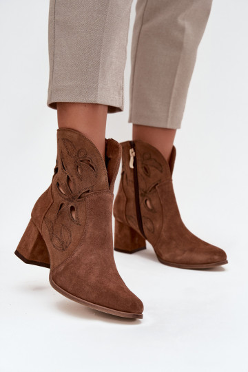Opengewerkte suède dames enkellaarsjes Zazoo 3647 in bruin 2