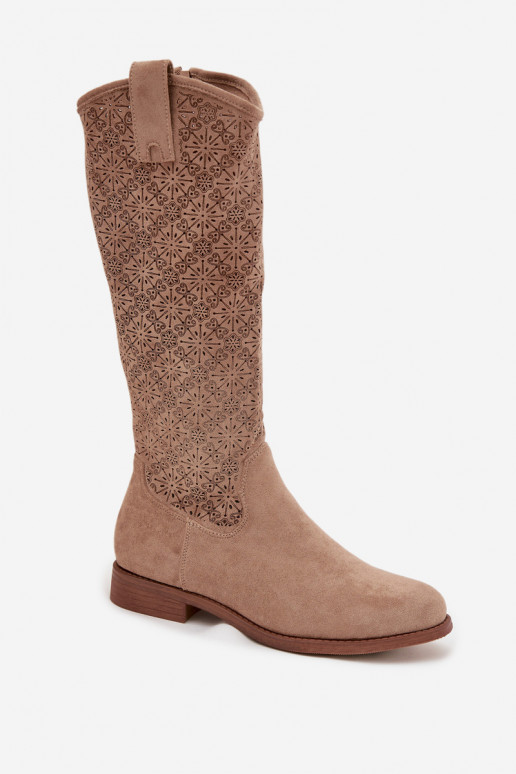 Damenstiefel mit durchbrochenen Elementen mit breiten Absätzen S.Barski HY52-534 Beige Damenstiefel mit durchbrochenen Elementen mit breiten Absätzen S.Barski HY52-534 Beige