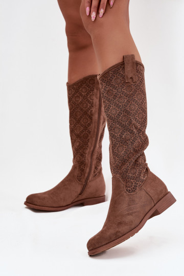 bottes pour femmes avec des éléments ajourés avec des talons larges S.Barski HY52-534 marron