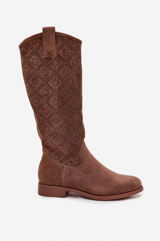 dameslaarzen met elementen van opengeInerkt met brede hakken S.Barski HY52-534 bruine kleur