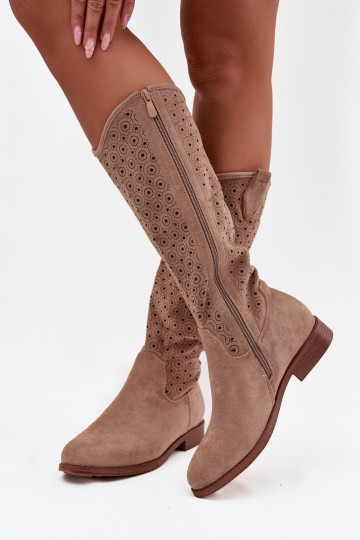 dameslaarzen met brede hakken met opengeInerkte elementen S.Barski HY52-531 beige 2