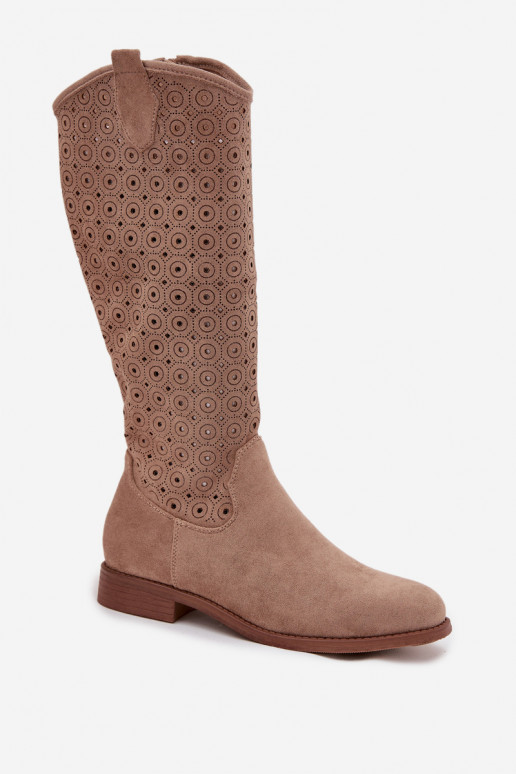 Damenstiefel mit breiten Absätzen mit durchbrochenen Elementen S.Barski HY52-531 Beige