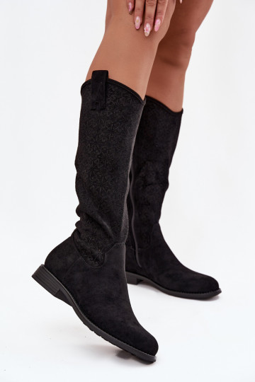 Dames lange laarzen met gehaakte details en brede hakken S.Barski HY52-534 zwart