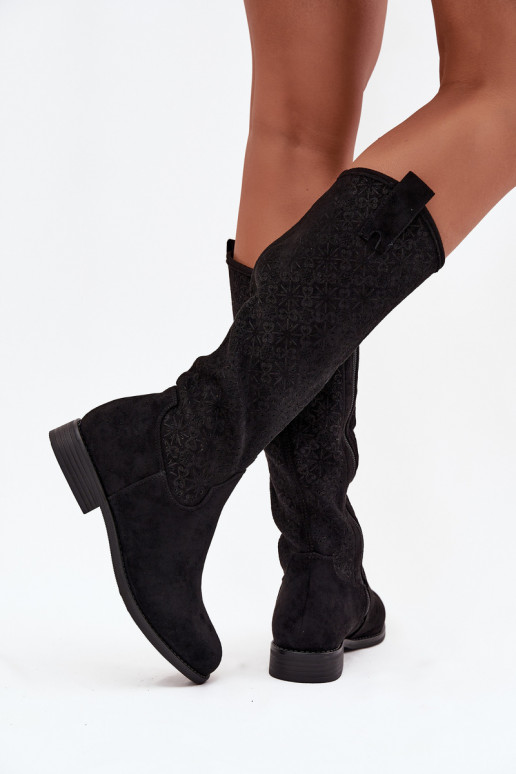 dameslaarzen met elementen van opengeInerkt met brede hakken S.Barski HY52-534 zInart