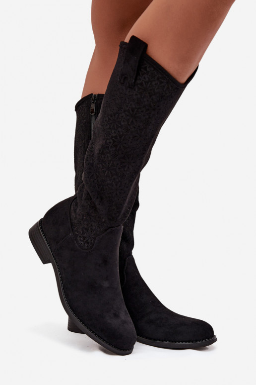 dameslaarzen met elementen van opengeInerkt met brede hakken S.Barski HY52-534 zInart