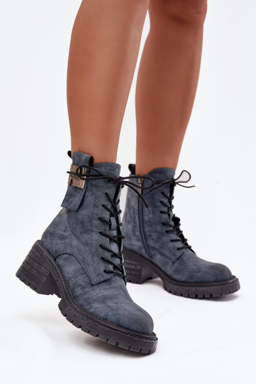 Haut Arbeitsstiefeletten Feminin Klocke Mit Dekorationen Detalem Artiker 57C0212 blaue Farbe