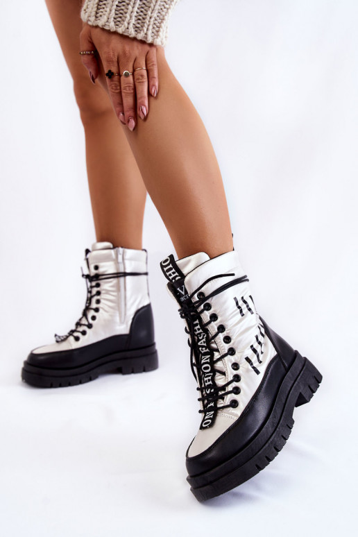 Bottes de neige à lacets pour femme Blanc-couleur noire Sharmen