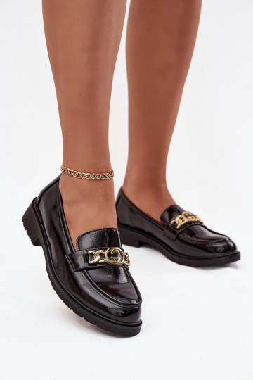 Lackierte Mokassins Feminin mit goldenen Details S.Barski HY52-539 schZuarze Farbe 2