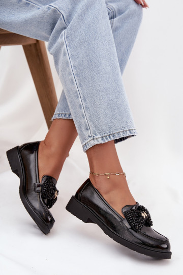 Lackierte Mokassins Feminin mit Bändern S.Barski HY52-319A schZuarze Farbe