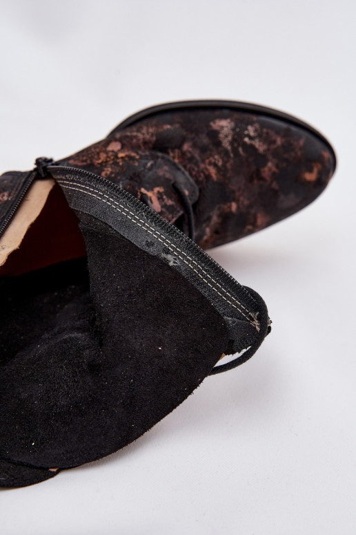 aus INildleder Gemustert Stiefel mit breiten Absätzen Es mussciejka 06391-02 SchZuarz und-goldene Farbe