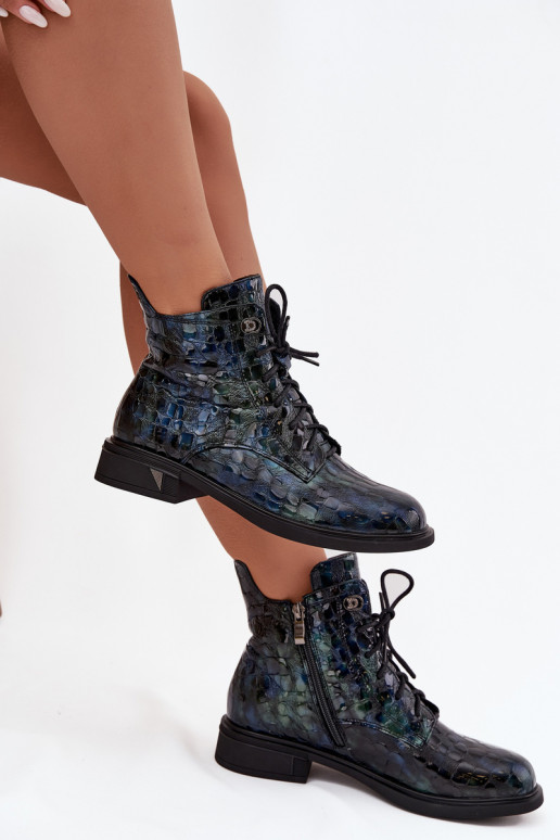 avec effet vernis Bottes pour femmesActivéturalnej Skóry D&A LZ52-962 bleu foncé