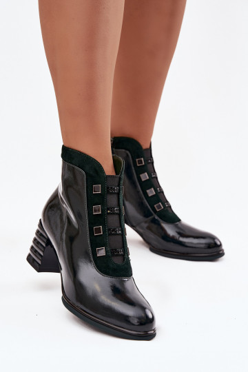 Bottines en cuir naturel effet laqué pour femmes avec talons D&A CR52-696 couleur chaki
