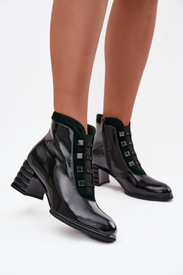 Bottines en cuir naturel effet laqué pour femmes avec talons D&A CR52-696 couleur chaki 2