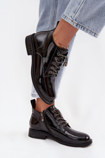 Kunstleder Damen Stiefeletten mit Lackeffekt und aufwendiger Schnürung D&A MR52-124 schwarz