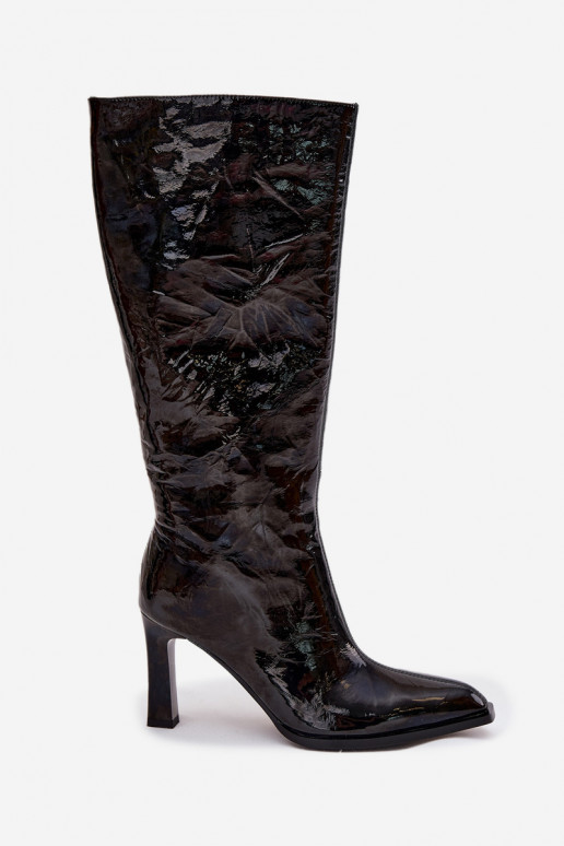 Peau avec effet vernis bottes pour femmes avec des talons réchauffer D&A CR52-716 couleur noire