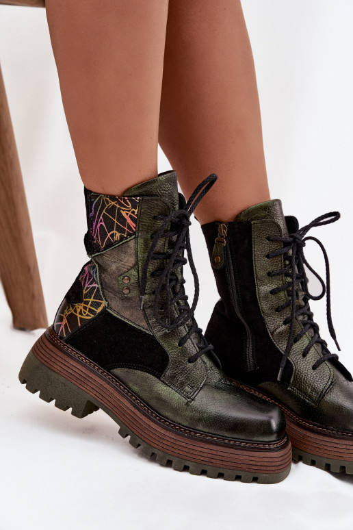 Leer Enkellaarsjes voor Inerknemers Dames met platform Het heeftciejka 07104-09 kaki kleuren