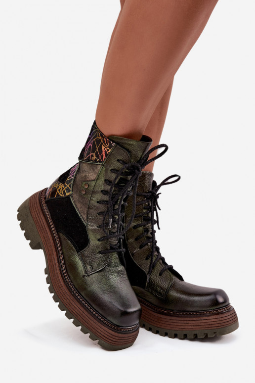 Leer Enkellaarsjes voor Inerknemers Dames met platform Het heeftciejka 07104-09 kaki kleuren