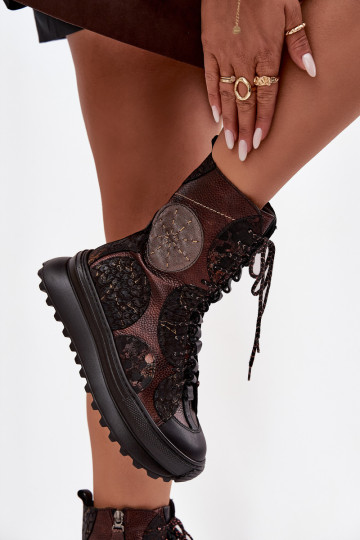 Bottines en cuir avec plateforme, doublées, Tai turiciejka 06565-02, marron-doré