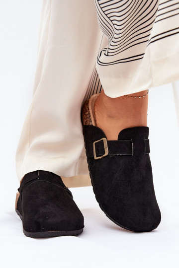 Dames slippers klompen met platform en gespen zwarte kleur Selio