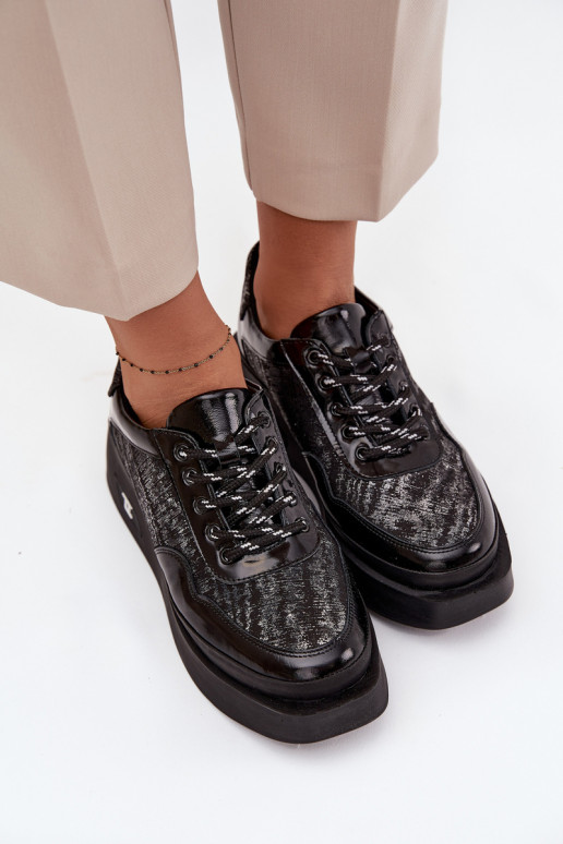 Leren dames veterschoenen met plateau Artiker 57C2043, zwart en zilver kleur