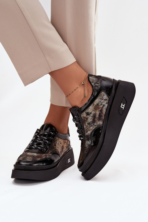 Leren dames veterschoenen met plateau Artiker 57C2042, zwart en goud kleur