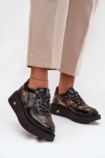 Leren dames veterschoenen met plateau Artiker 57C2042, zwart en goud kleur 2