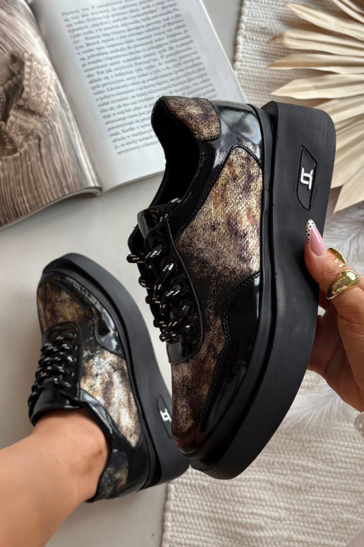 Haut Schnürschuhe Feminin mit einer Plattform Artiker 57C2042 SchZuarz und-goldene Farbe