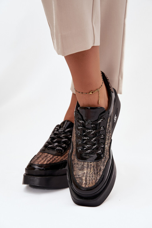 Leren dames veterschoenen met plateau Artiker 57C2044, zwarte kleur