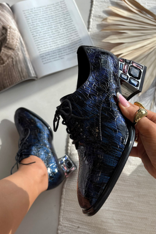 Donkerblauwe leren dames instappers met hakken en glinsterende steentjes „Artiker 55C0428"