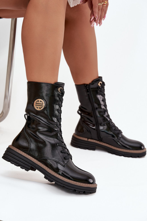 avec effet vernis Bottines de travail Féminin Ze couleur doréem Detalem réchauffer couleur noire Dorialine