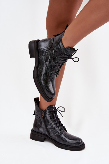 D&A LZ52-954 dunkelblaue Lacklederstiefeletten für Damen Klocke