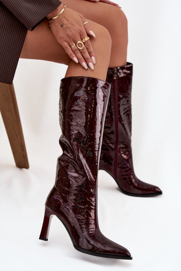 Bottes longues vernies en cuir bordées de fourrure à talons bordeaux D&A CR52-716