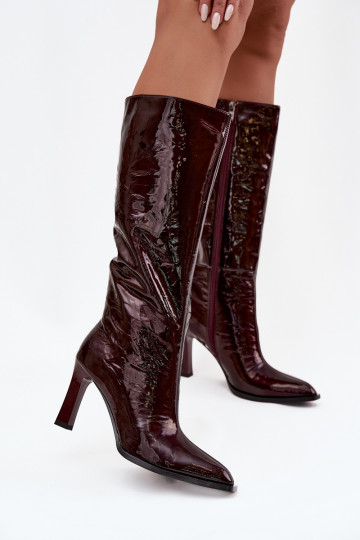 Bottes longues vernies en cuir bordées de fourrure à talons bordeaux D&A CR52-716 2