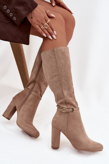 Damenstiefel mit Absätzen mit goldenen Schnallen sich Zuarm laufen Beige Seraphine