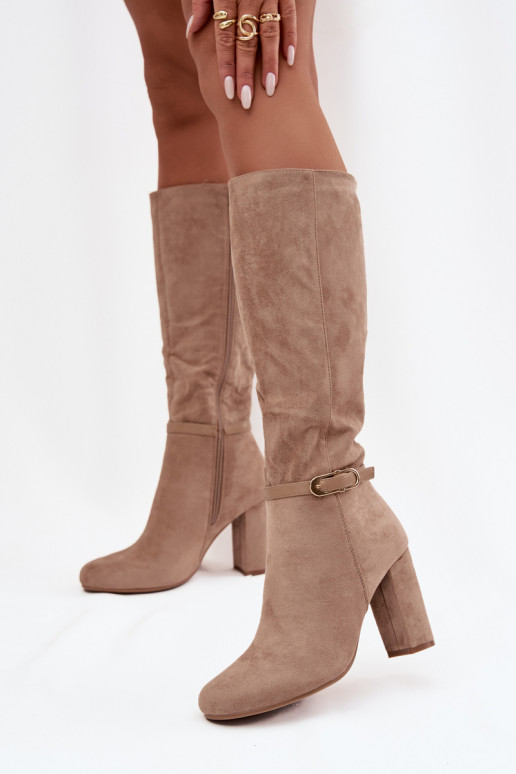 Damenstiefel mit Absätzen mit goldenen Schnallen sich Zuarm laufen Beige Seraphine